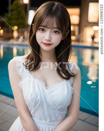 A woman with long hair smiling in a white dress "AI generated image" A woman with long hair smiling in a white dress "AI generated image" 110906583