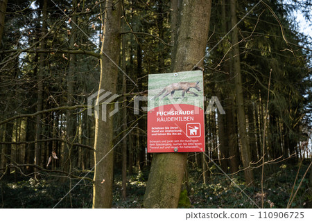 German Warning sign for dog with generalized demodectic mange, generalized alopecia from Fox in the Forest 110906725