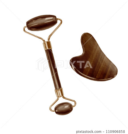Watercolor hand drawn watercolor illustration of gouache scraper and jade roller isolated on white. For design of booklets, beauty salons, home care. 110906858