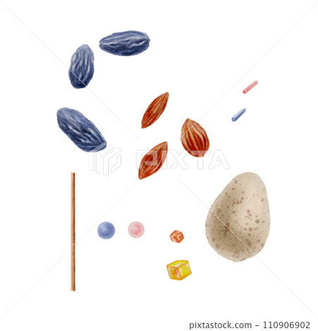 Easter set of raisins, almonds, candied fruits, decorative decorations, rice balls, quail egg and skewer for topper. 110906902