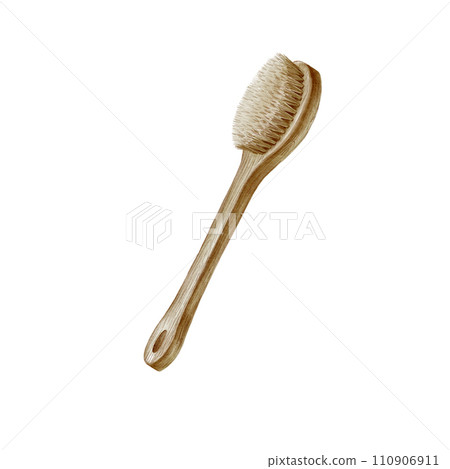 Wooden body brush watercolor illustration. Spa and bathroom accessory. Hand drawn painting for sauna and wellness center. Clipart for fashion, beauty, cosmetics prints. Eco friendly product. 110906911