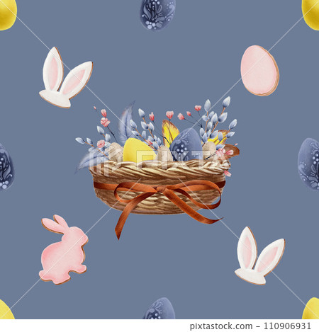 Seamless pattern of Easter mood. Wicker basket with a ribbon and a bow with eggs, feathers, willow branches, gypsophila flowers, with gingerbread in the form of a hare, hare ears and eggs. 110906931