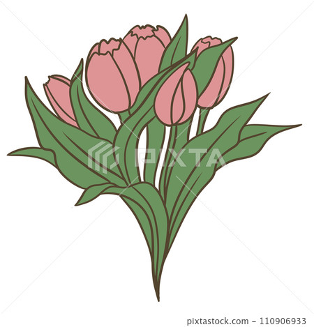 Hand drawn illsutration of two wild flowers rose tulip. Green leaves branch, pink blush orange flower floral petal blossom bloom. Spring summer elegant design. Three elegant flowers in bouquet 110906933