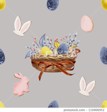 Seamless pattern of Easter mood. Wicker basket with a ribbon and a bow with eggs, feathers, willow branches, gypsophila flowers, with gingerbread in the form of a hare, hare ears and eggs. 110906952