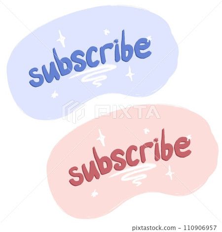 Hand drawn illustration of subscribe button in pink blue on white isolated background. Cute icon for web internet channel newsletter, follower subscriber media element sign symbol. 110906957
