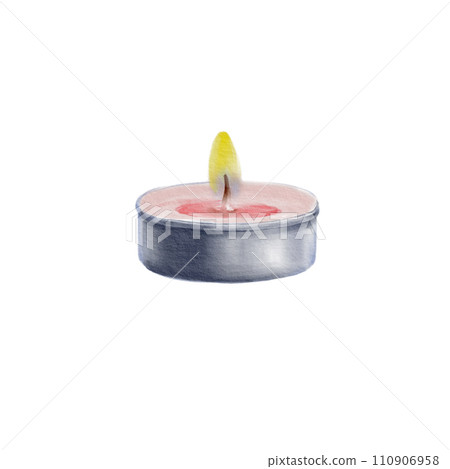 Burning candle watercolor painted illustration. Cozy melted single candle with flame element. Isolated on white background. Suitable for religious compositions, calendars, stickers. 110906958
