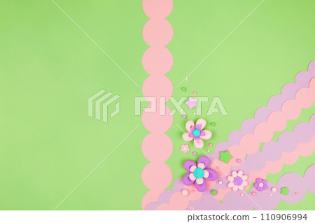 cute cartoon plasticine flowers on pastel green kawaii banner background 110906994