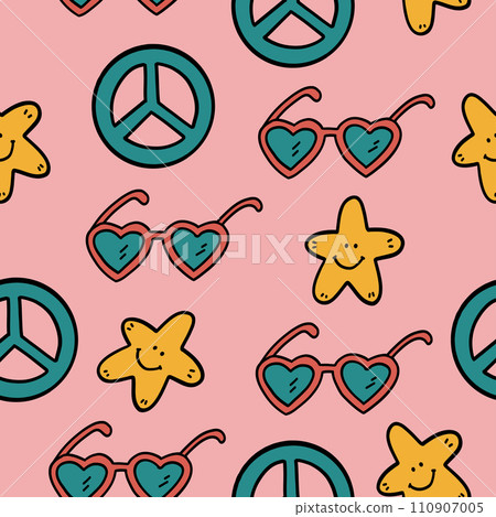 Vintage groovy pattern with hippie and glasses Vintage groovy pattern with hippie and glasses 110907005