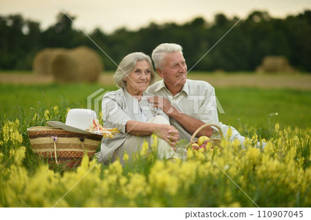 Senior nice couple sitting on the grass in the field Senior nice couple sitting on the grass in the field 110907045