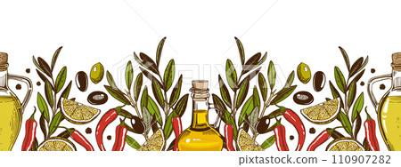 A horizontal border with olive branches, bottles of oil, red hot pepper. Isolated on a white background. 110907282