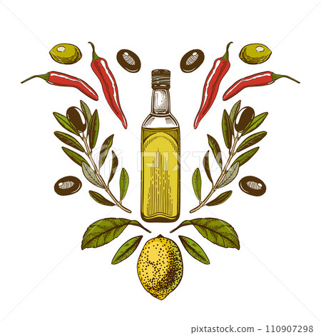 A heart-shaped composition of olive branches, pepper and a bottle of oil. The emblem. Isolated on a white background. A heart-shaped composition of olive branches, pepper and a bottle of oil. The emblem. Isolated on a white background. 110907298
