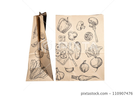 Recyclable craft paper bag for purchases, gifts and takeaway food mock up on white background. Environmentally friendly than single-use plastic bags Recyclable craft paper bag for purchases, gifts and takeaway food mock up on white background. Environmentally friendly than single-use plastic bags 110907476