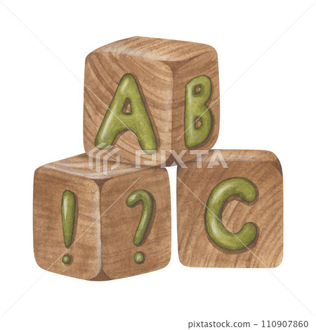 Toy abc Blocks Watercolor illustration. Hand drawn clip art on isolated background. Drawing of wooden cubes for kids. Painting of eco bricks with letters for nursery posters and wall stickers design 110907860