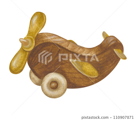 Airplane Watercolor illustration. Hand drawn clip art on white isolated background. Drawing of vintage wooden kid Toy. Painting of plane for designing invitation, baby shower card, printing Airplane Watercolor illustration. Hand drawn clip art on white isolated background. Drawing of vintage wooden kid Toy. Painting of plane for designing invitation, baby shower card, printing 110907871