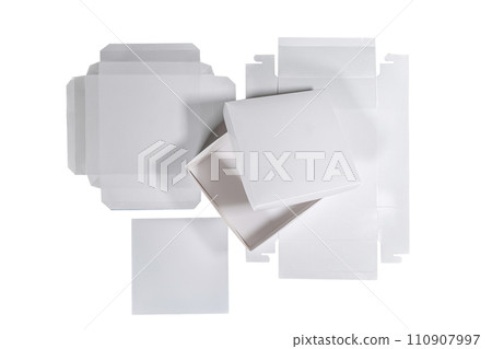 Empty unfolded white cardboard box on white background 110907997