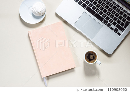 bright feminine banner or header with a coffee, stylish workspace with laptop computer, modern office accessories and a small notebook on a blush table, top view, flat lay bright feminine banner or header with a coffee, stylish workspace with laptop computer, modern office accessories and a small notebook on a blush table, top view, flat lay 110908060