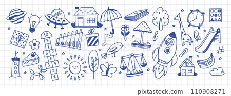 Set of kindergarten doodles. Butterfly, toys, flower, umbrella, house, sun, tree, animals and other elements. Scribbled with chalk texture. 110908271