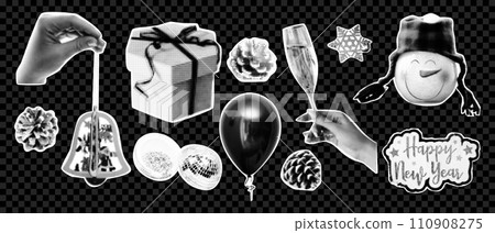 Happy New Year and Merry Christmas halftone style collage elements. Balloons, champagne, gift, snowman, bump, disco ball. Trendy vector illustration 110908275