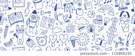 Seamless pattern with daycare elements. Rocket, hopscotch, toys, book, balloon, house, fruits and other elements. Scribbled with chalk texture. Seamless pattern with daycare elements. Rocket, hopscotch, toys, book, balloon, house, fruits and other elements. Scribbled with chalk texture. 110908285