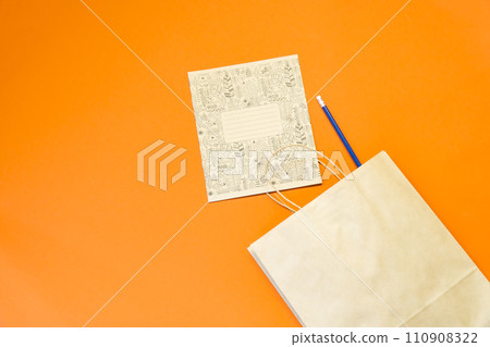 Top view brown paper shopping bag on colourful background, Mock-up of blank brown paper shopping bag and copy space. Flat lay. 110908322