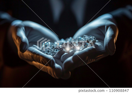 AI-generated content. close-up of salesman's hands in white cotton gloves holding diamond jewelry  110908847