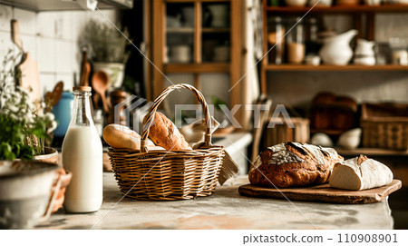 AI-generated content.  Fresh homemade bread on a table in the kitchen. 110908901