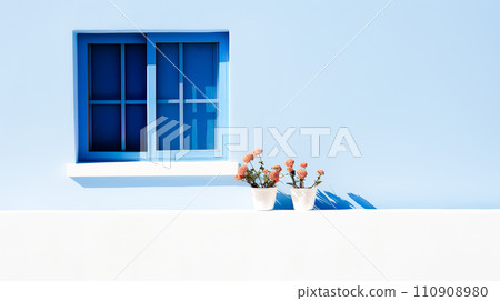 AI-generated content. Blue window against a blue wall.Mediterranean background 110908980