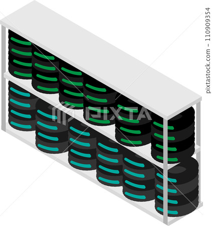 Isometric image material of a warehouse loaded with many tires 110909354