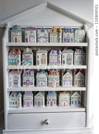 Grandmothers vintage kitchen spices shelf tools for cooking in old house formed porcelain containers 110909501