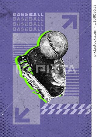 Baseball glove ad ball against purple background background with abstract elements. Modern design. 110909515