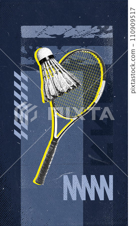 Badminton racket and shuttlecock against dark blue background with abstract design elements. Modern design. Badminton racket and shuttlecock against dark blue background with abstract design elements. Modern design. 110909517