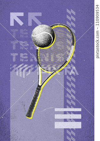 Tennis ball and racked against purple background with abstract elements. Modern design. Tennis ball and racked against purple background with abstract elements. Modern design. 110909534