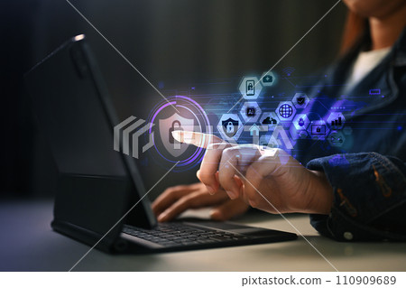 Businesswoman pressing lock icons on virtual screen, access to business data network. Cyber security concept 110909689