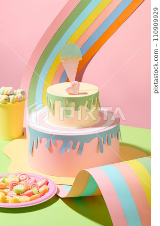 Close-up of a two-tier birthday cake made from paper. Gummy candies and marshmallows are displayed alongside a colorful strip of paper. Sweet pink background. 110909929