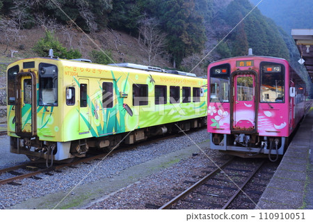 Hidamari and Kirameki trains stopping at Nishikicho Station on the Nishikigawa Railway 110910051