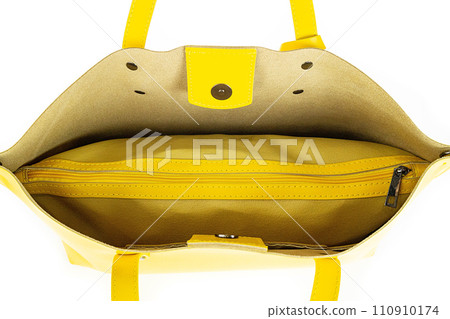 Yellow Leather Women Top Handle Mini Bag Isolated on White Background. Front View of Lady Shopping Bag. Women's Top Handle Shopper Tote Bag Padlock 110910174