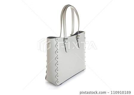Women's Gray Leather Bag Isolated on White Background. Side View of Luxury Genuine Full Grain Leather Lady Shopping Bag. Women Top Handle Shopper Tote Bag Padlock. Handbags & Fashion Accessories 110910189