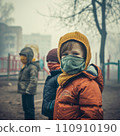 [AI-generated image/AI illustration] Children who cannot play in the park, masks and air pollution 110910190