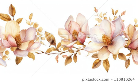 Watercolor magnolia flowers isolated on white background, gold leaves Watercolor magnolia flowers isolated on white background, gold leaves 110910264