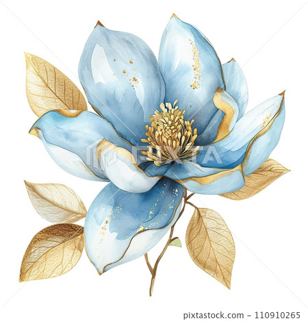 Watercolor flower light blue magnolia with gold leaves Watercolor flower light blue magnolia with gold leaves 110910265