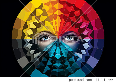Woman face showcasing a spectrum of emotions arranged in a color wheel, emphasizing the diversity and complexity of feelings Woman face showcasing a spectrum of emotions arranged in a color wheel, emphasizing the diversity and complexity of feelings 110910266