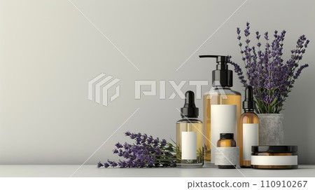 Beauty product display, slender flacons and oils, arranged with fresh lavender, on a monochrome ivory surface Beauty product display, slender flacons and oils, arranged with fresh lavender, on a monochrome ivory surface 110910267
