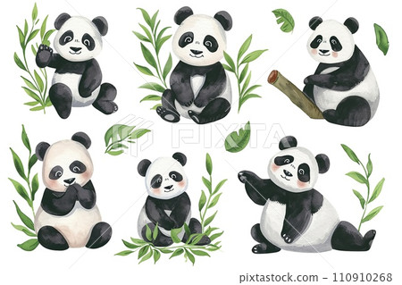 Set of cute panda with bamboo, watercolor illustrations for printing on baby clothes, sticker, postcards, baby showers Set of cute panda with bamboo, watercolor illustrations for printing on baby clothes, sticker, postcards, baby showers 110910268