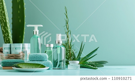 Aloe vera skincare flat lay, bottles and jars on a calming sea green surface with aloe leaves Aloe vera skincare flat lay, bottles and jars on a calming sea green surface with aloe leaves 110910271
