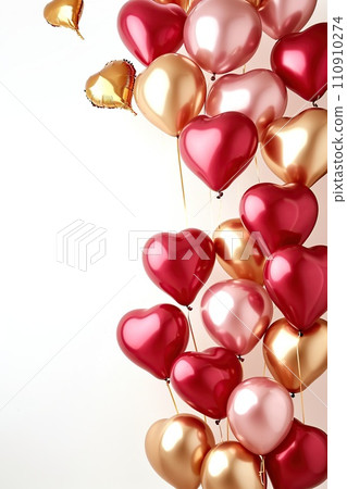 Floating Pink, Red and Gold Real Metallic Balloons Hearts on a White background, for Love Themed Events and Valentine's Greetings 110910274