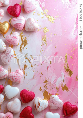 Pink, Red and Gold Hearts on a White Marble, Love Themed Events, Valentines, Birthday Greetings 110910275