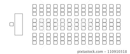 Graphic schema of seats in lectorium, meeting, conference, training, seminar, business event. Desk and chairs icons. Furniture symbols. Auditorium seating plan top view 110910318