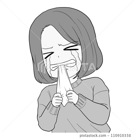 一個女孩一邊哭一邊咬著手帕，灰色 110910338