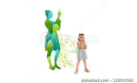 Little girl and silhouette of doctor with syringe. Kid dreaming of becoming doctor in future. Contemporary art collage. 110910562