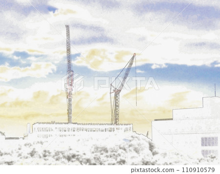 Clouds and tower cranes colored by the sunset. Illustration style photo. 110910579